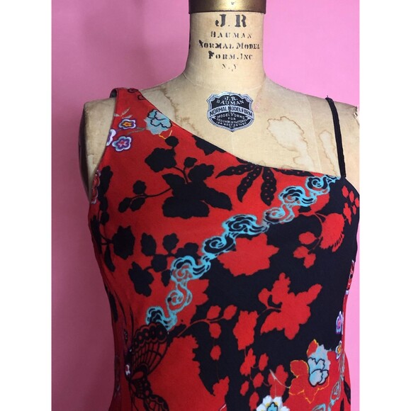 Y2K EVA BLUE Asymmetrical BUTTERFLY Floral Print Beaded Slip Dress. S-M. AS IS - Picture 4 of 10